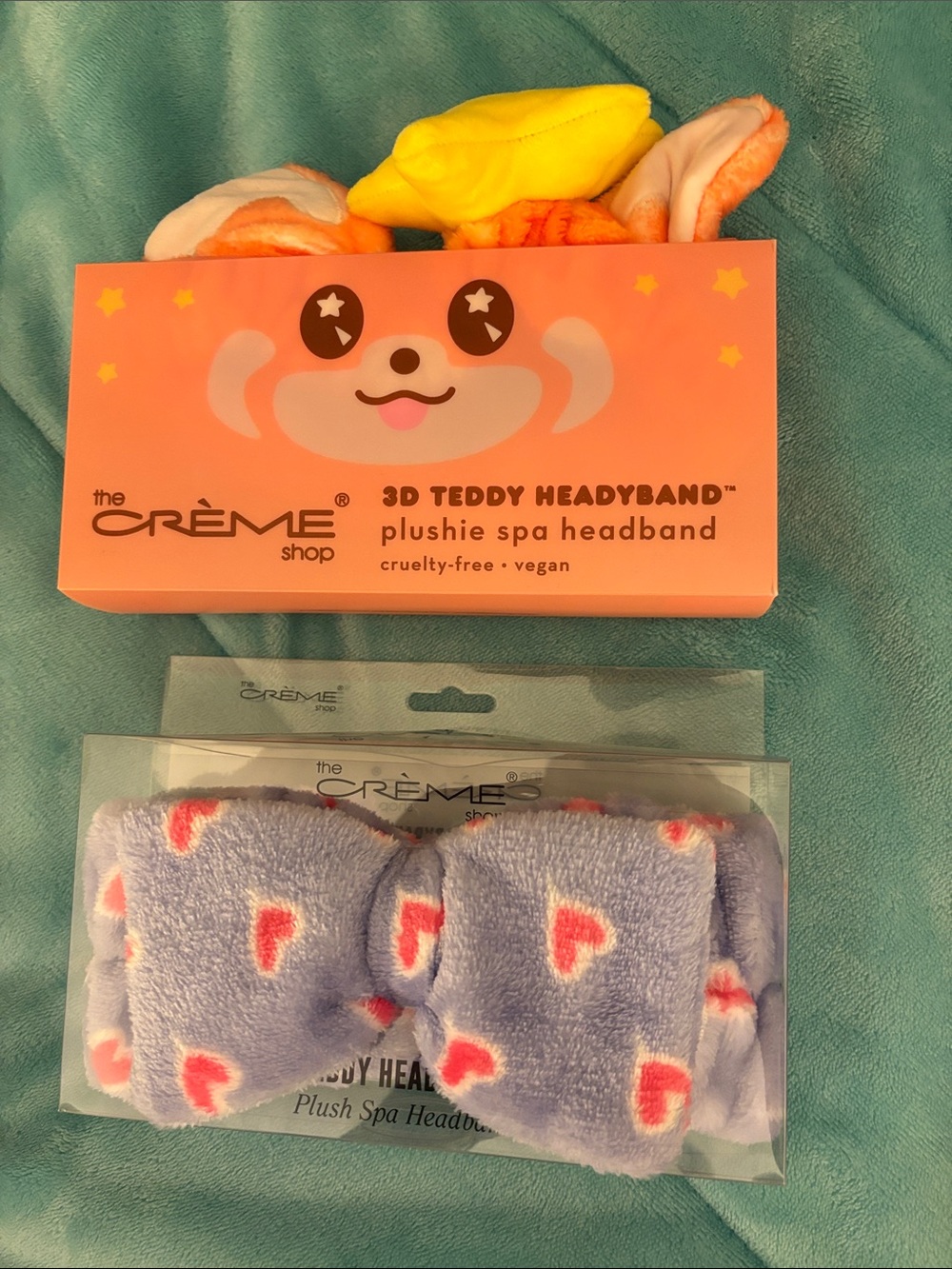 The Crème Shop Plush Spa Headband - Lavender with Pink Hearts